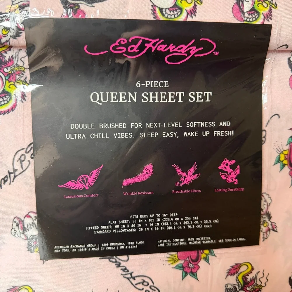 New Ed Hardy Queen 4 Pc Double Brushed Sheet Set Pink Dragon Skull Bedding Y2K